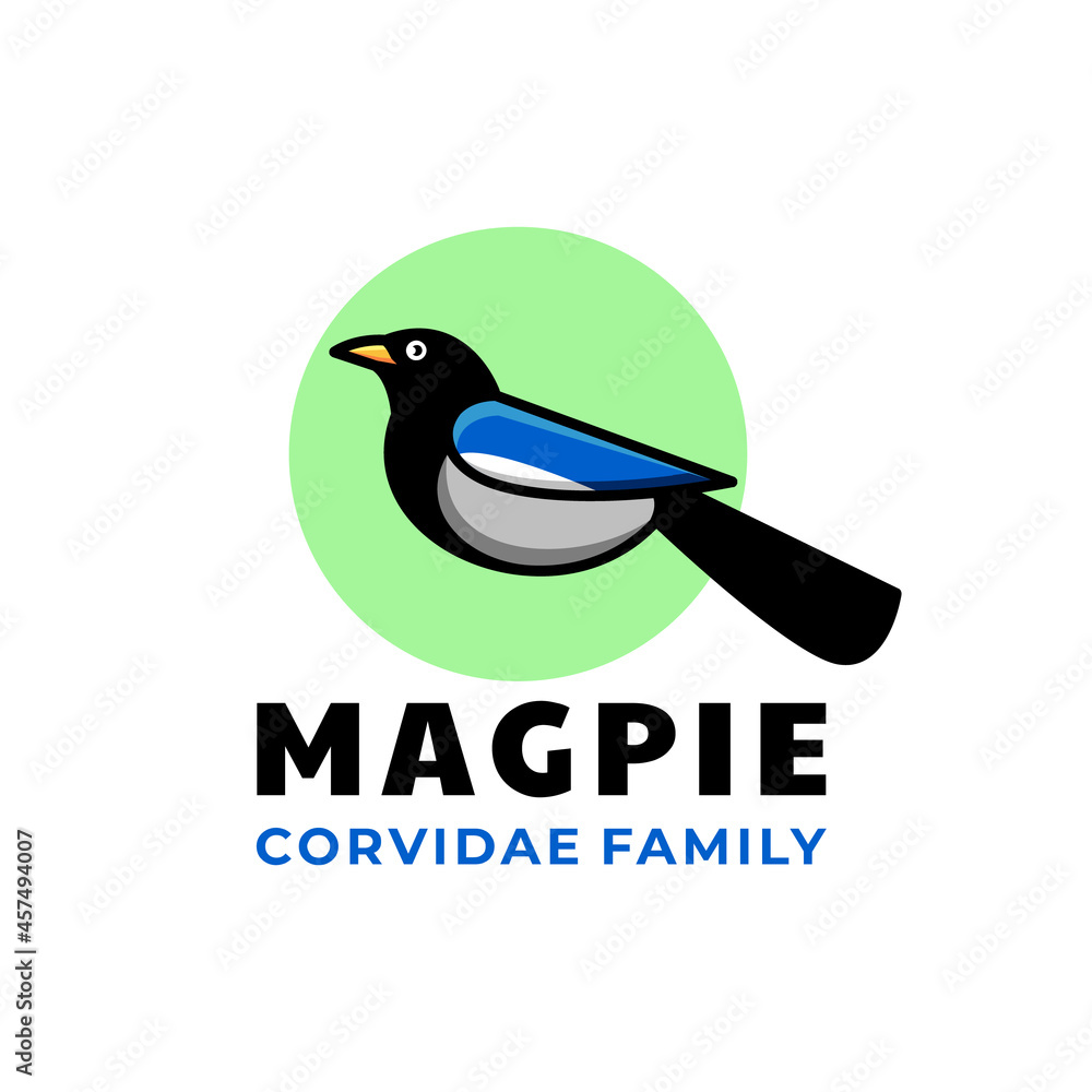 Naklejka premium Magpie bird in white background ,Simple Mascot vector logo design