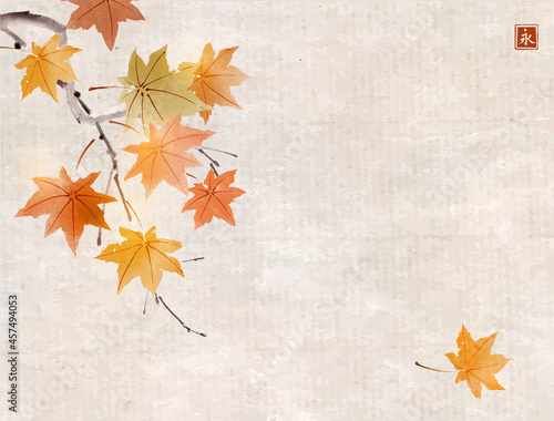 Autumn maple leaves on vintage background. Traditional Japanese ink wash painting sumi-e. Hieroglyph - eternity