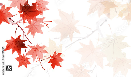 Autumn foliage in traditional oriental ink painting sumi-e, u-sin, go-hua. Translation of hieroglyph - autumn