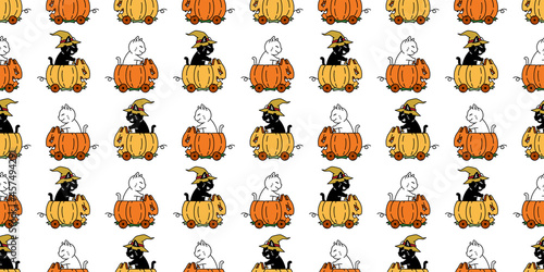 cat seamless pattern Halloween pumpkin car riding kitten witch cartoon vector pet repeat wallpaper scarf isolated tile background gift wrapping paper character doodle illustration design