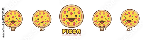 cute pizza mascot, food cartoon illustration, with different facial expressions and poses