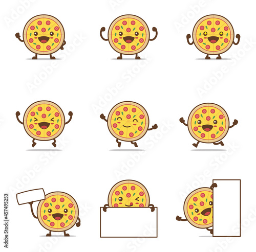 cute pizza cartoon. with happy facial expressions and different poses