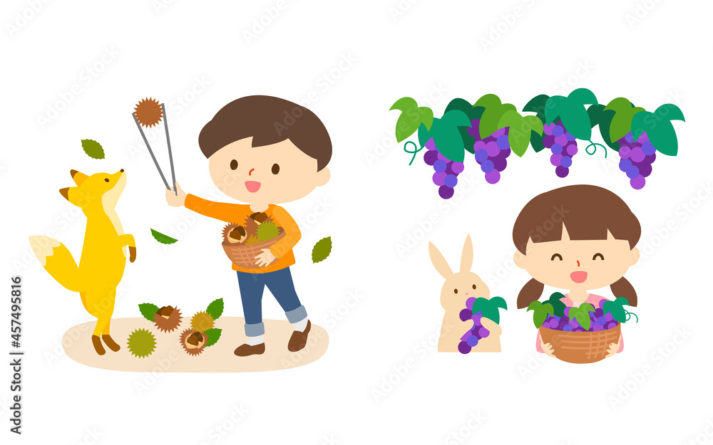 栗拾いとぶどう狩りをする可愛い子どもと動物 栗拾いとぶどう狩りをする可愛い子どもと動物