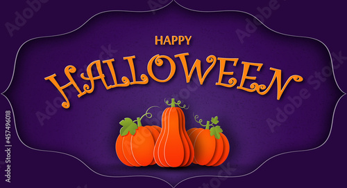 Happy Halloween greeting card in paper cut style.