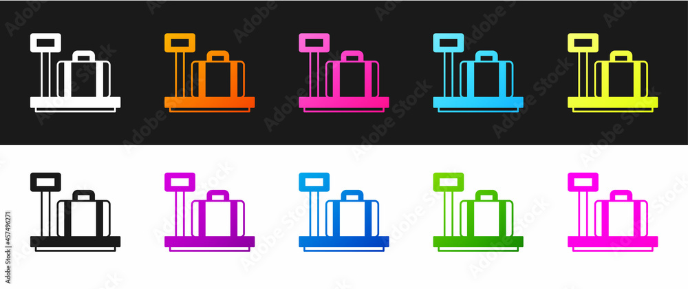 Set Scale with suitcase icon isolated on black and white background. Logistic and delivery. Weight of delivery package on a scale. Vector Set Scale with suitcase icon isolated on black and white background. Logistic and delivery. Weight of delivery package on a scale. Vector