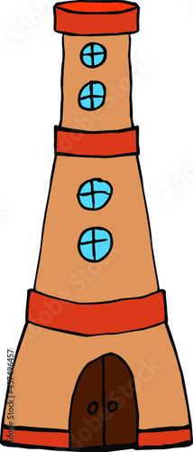 Vector simple drawing house tower. The house is a tower with windows and a door with a gate.