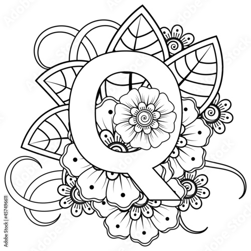 Letter Q with Mehndi flower. decorative ornament in ethnic oriental style. coloring book page. 