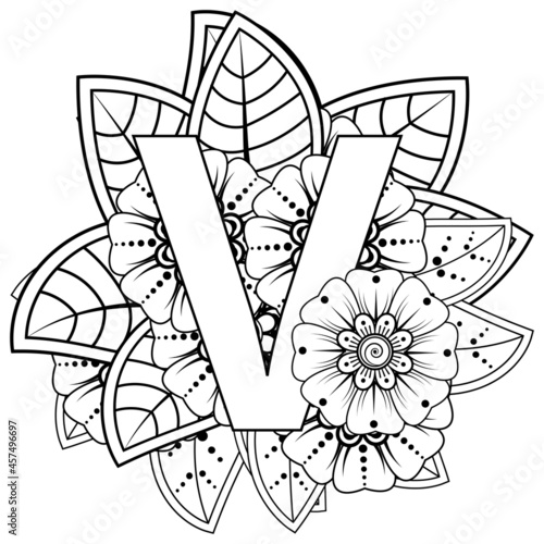 Letter V with Mehndi flower. decorative ornament in ethnic oriental style. coloring book page. 