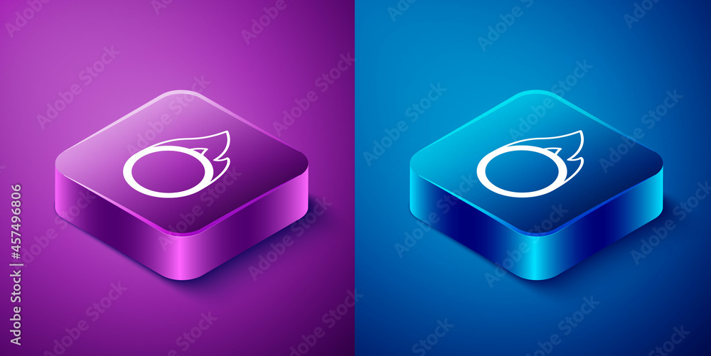 Isometric Circus fire hoop icon isolated on blue and purple background. Ring of fire flame. Round fiery frame. Square button. Vector Isometric Circus fire hoop icon isolated on blue and purple background. Ring of fire flame. Round fiery frame. Square button. Vector