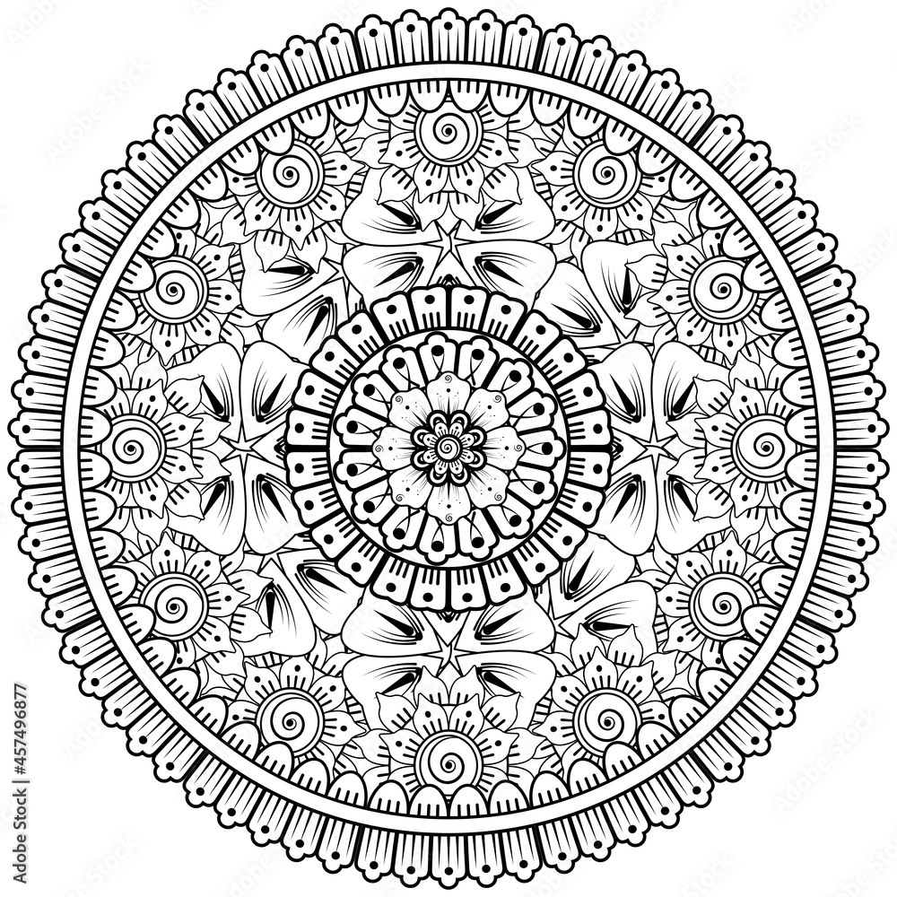 Circular pattern in the form of mandala with flower for henna, mehndi, tattoo, decoration. 