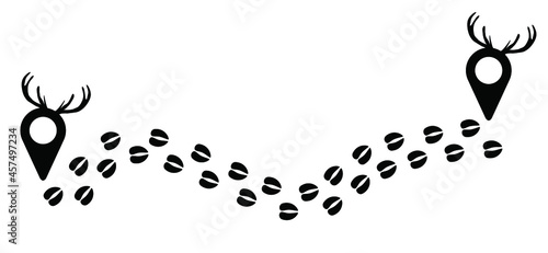 Walking, walk track route. Cartoon deer hooves, footprint icon. Animal footstep pictogram. Flat vector hoove silhouett. Set of animal paw. Deer foot print pattern. For christmas banner. Trace and trac