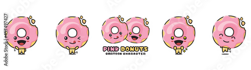 cute pink donuts mascot, food cartoon illustration, with different facial expressions and poses