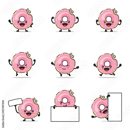 cute pink donuts cartoon. with happy facial expressions and different poses