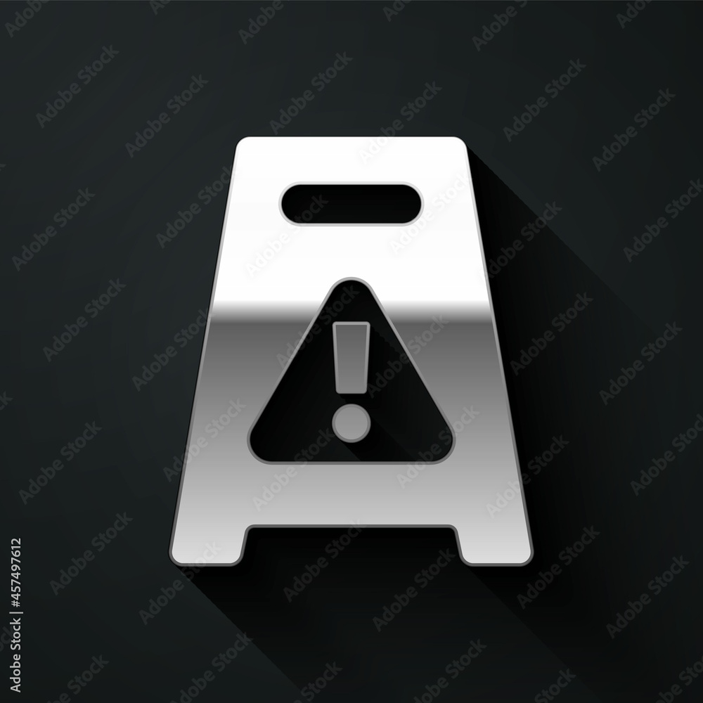 Silver Wet floor and cleaning in progress icon isolated on black background. Cleaning service concept. Long shadow style. Vector Silver Wet floor and cleaning in progress icon isolated on black background. Cleaning service concept. Long shadow style. Vector