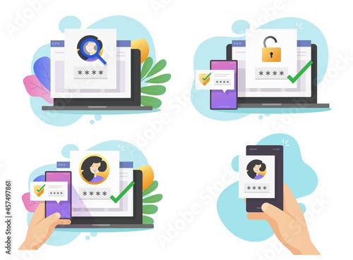 Authentic secure password verification via two factor and face id identification on cell phone and computer vector flat cartoon, 2fa security protection access, 2 step authentication, internet safety photo