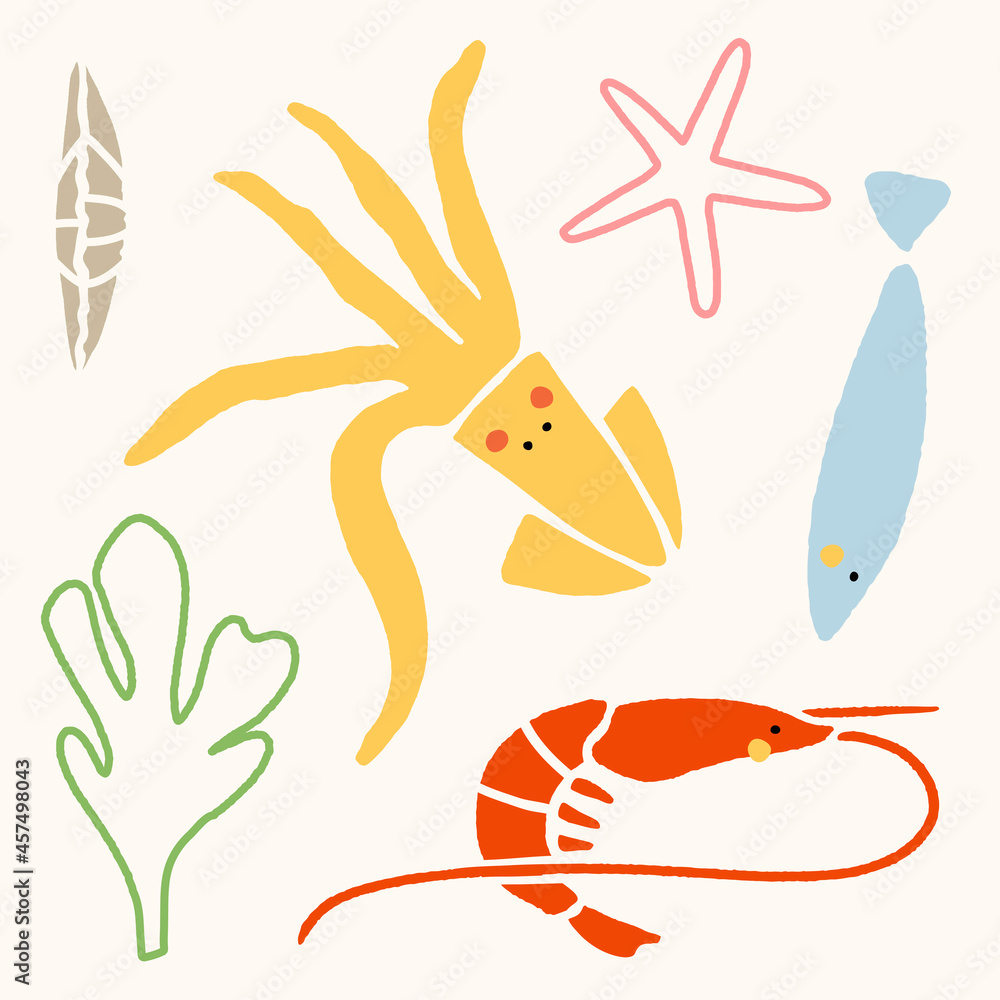Hand drawn underwater animal collection vector Hand drawn underwater animal collection vector