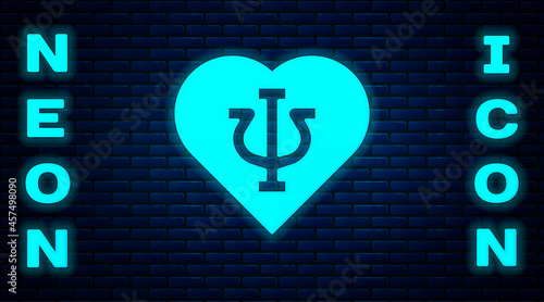 Glowing neon Psychology icon isolated on brick wall background. Psi symbol. Mental health concept, psychoanalysis analysis and psychotherapy. Vector