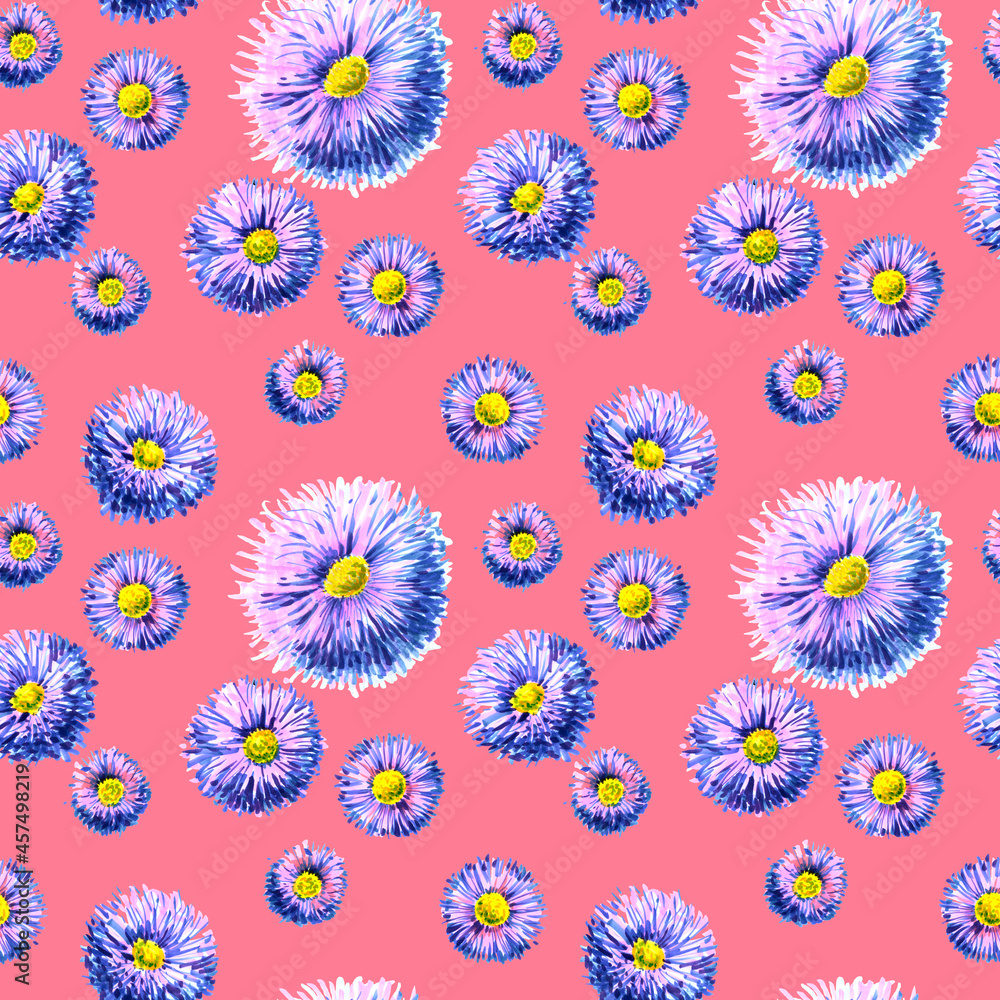 Seamless pattern from violet flowers painted with markers on an pink background. For fabric, sketchbook, wallpaper, wrapping paper.