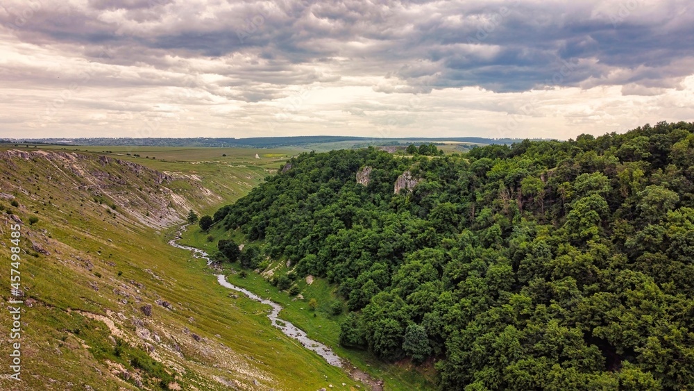 Aerial drone view of a valley in Moldova