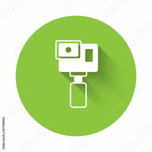 White Action extreme camera icon isolated with long shadow background. Video camera equipment for filming extreme sports. Green circle button. Vector