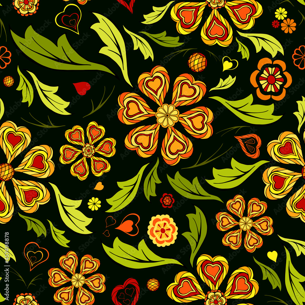 Stylized traditional Russian flowers random seamless pattern. Ornamental folk floral motifs irregular repeat surface design. Bright embroidery style ornate endless texture on dark background. Stylized traditional Russian flowers random seamless pattern. Ornamental folk floral motifs irregular repeat surface design. Bright embroidery style ornate endless texture on dark background.