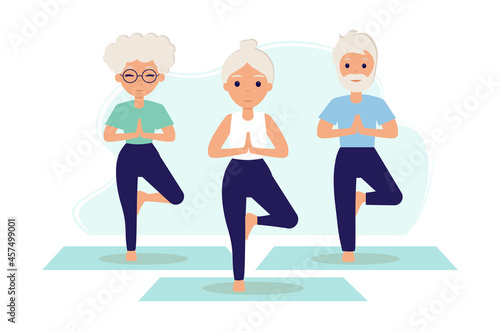 Elderly people do yoga, practice meditation. Yoga class. Older women and men exercise to maintain an active healthy lifestyle. Yoga practice. Vector illustration in flat style for fitness concept.