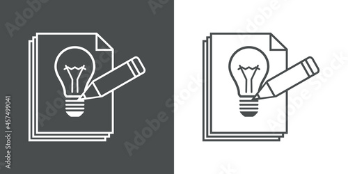 Icono plano hojas de papel con lapicero y bombilla con lineas en fondo gris y fondo blanco