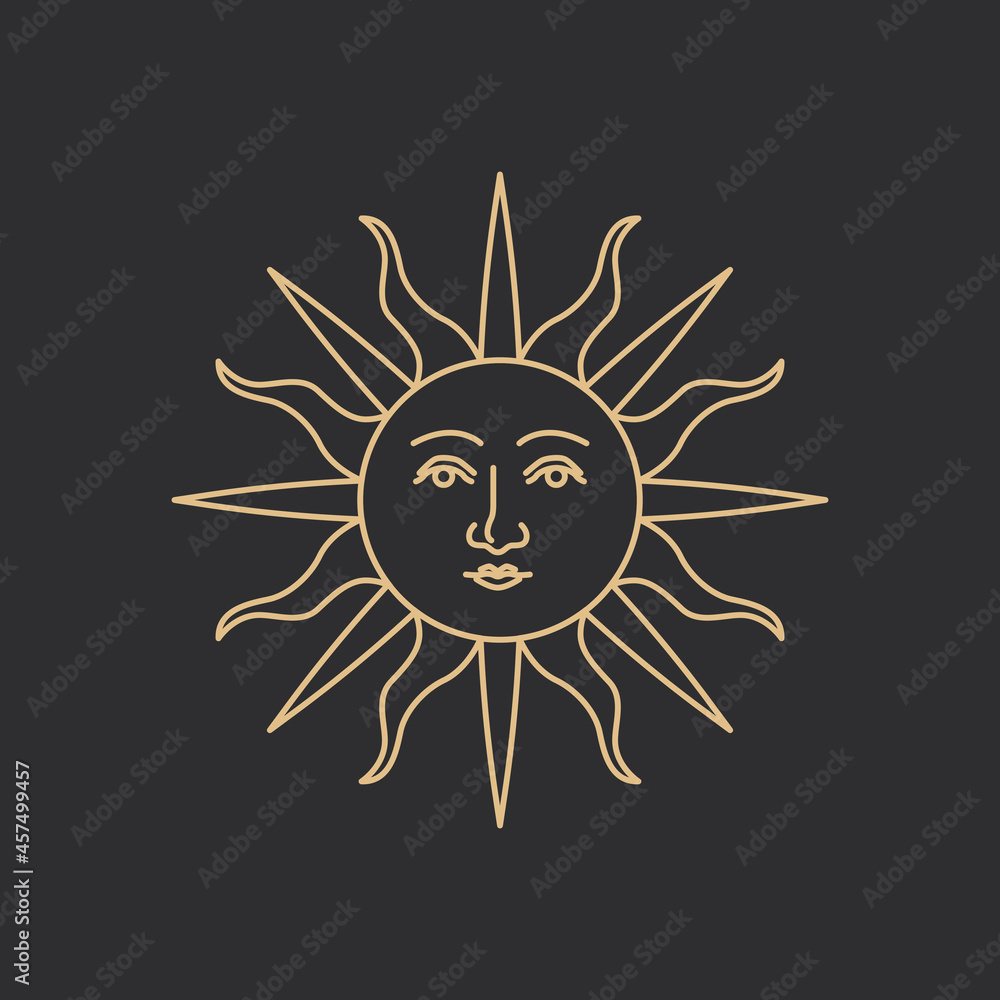 Celestial sun with face vector antique linear style on black background Celestial sun with face vector antique linear style on black background