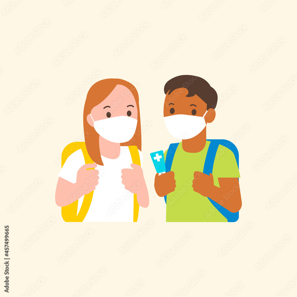 Fototapeta premium Students vector with mask on in the new normal character flat graphic