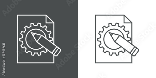Icono plano hoja de papel con lapicero y engranaje con lineas en fondo gris y fondo blanco