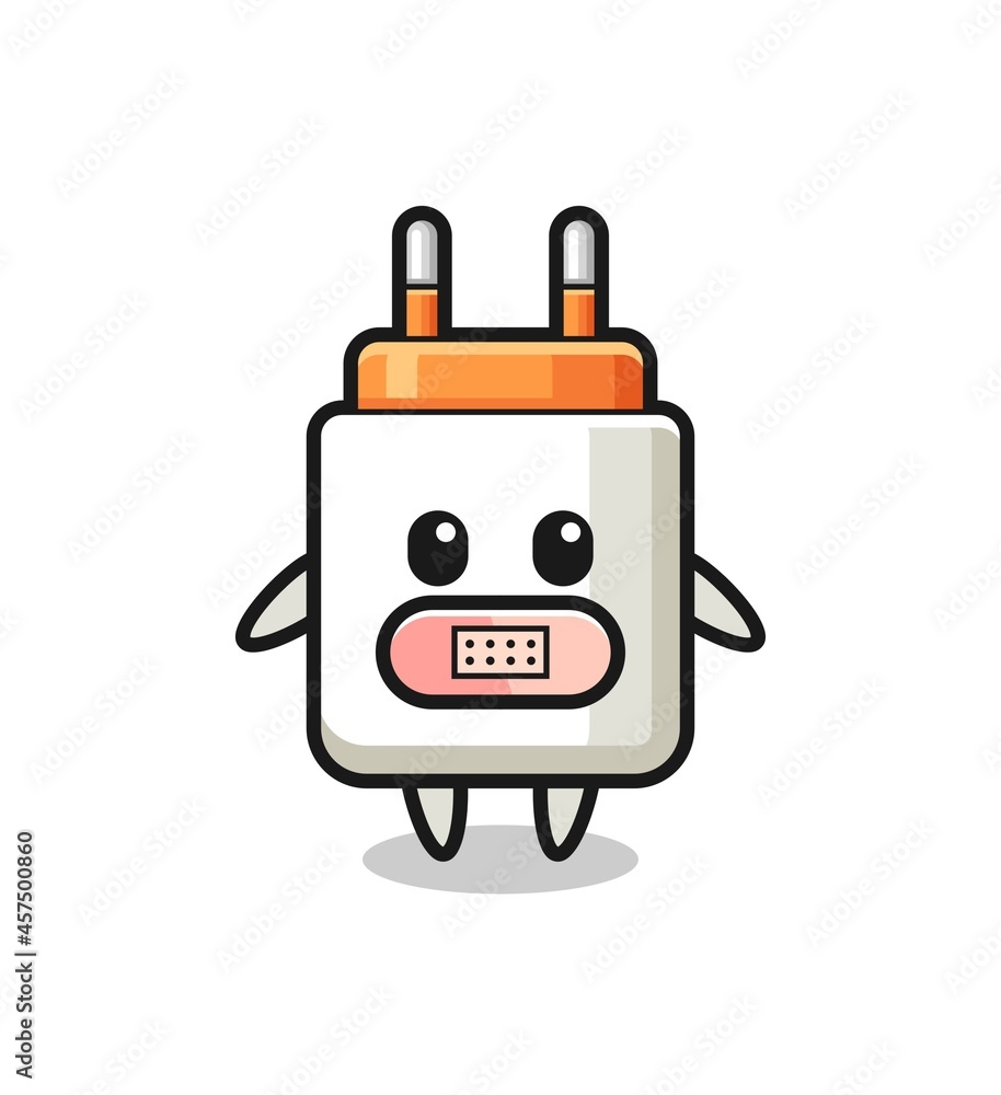 Cartoon Illustration of power adapter with tape on mouth Cartoon Illustration of power adapter with tape on mouth