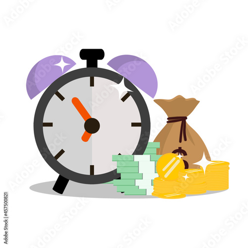 Alarm clock and money. Money in a bag. Money making time concept.