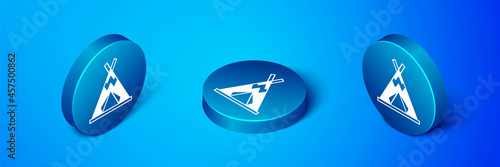 Isometric Traditional indian teepee or wigwam icon isolated on blue background. Indian tent. Blue circle button. Vector