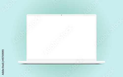 Realistic clean white notebook laptop computer mockup with blank screen.