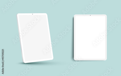 White 3D realistic tablet PC mockup frame with different angles blank screen.