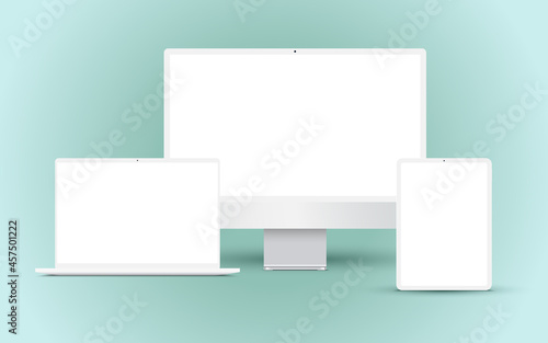 Realistic clean white device mockup set with blank screen. Tablet PC , desktop computer and notebook.