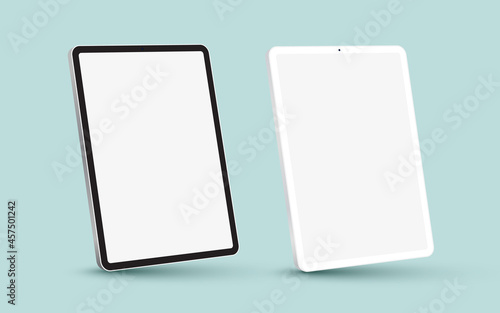 Black and white 3D realistic tablet PC mockup frame with angle blank screen.