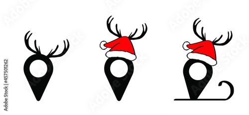 Pin point icon, ocation pointer symbol. Trace and trackroute. Cartoon deer icon. Animal deer pictogram. Flat vector hoove silhouett. For christmas banner. Deer antlers sign.