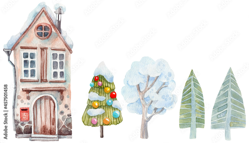 A set of Christmas watercolor houses. Christmas card with watercolor decorations. 