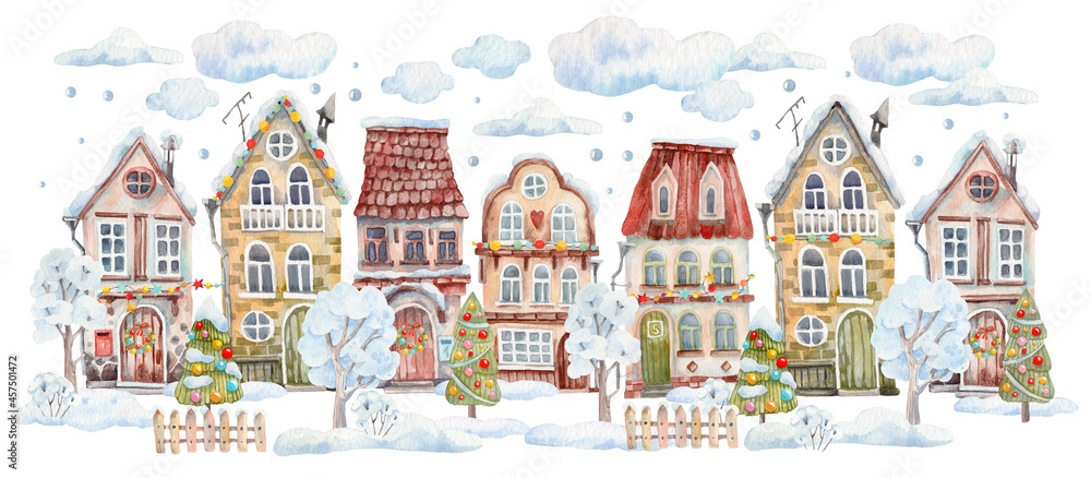 Christmas watercolor houses. Watercolor winter illustration for a greeting card. 