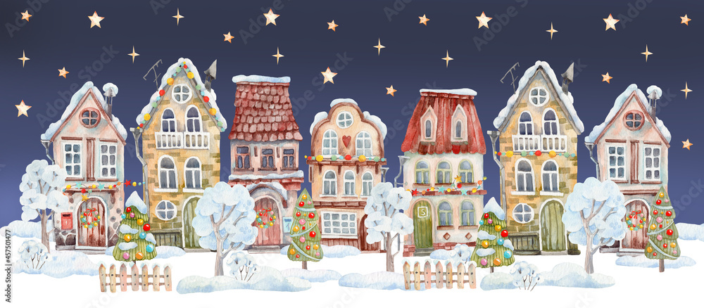 Christmas watercolor houses on the background of the night sky with stars. Watercolor illustration for a postcard.