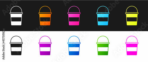 Set Fire bucket icon isolated on black and white background. Metal bucket empty or with water for fire fighting. Vector
