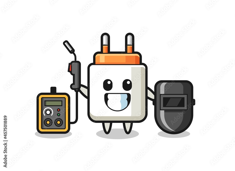 Character mascot of power adapter as a welder