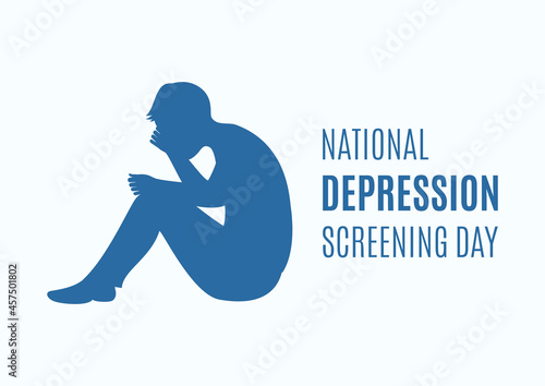 National Depression Screening Day vector. Sad man sitting on the floor hugging his knees vector. Depressed man silhouette icon vector. Important day