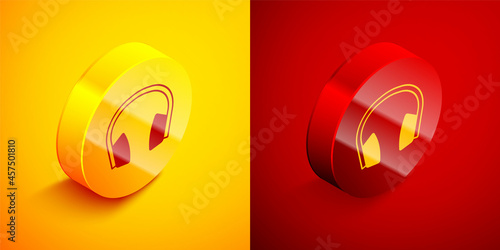 Isometric Noise canceling headphones icon isolated on orange and red background. Headphones for ear protection from noise. Circle button. Vector