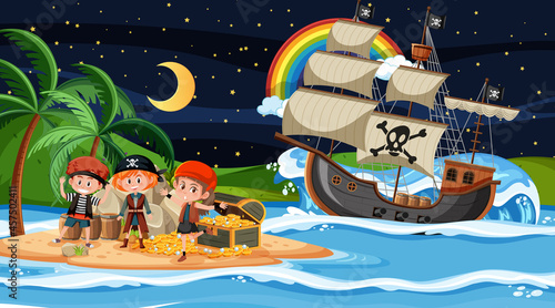 Treasure Island scene at night with Pirate kids on the ship