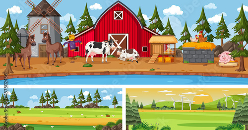 Outdoor panoramic landscape scenes set with cartoon character