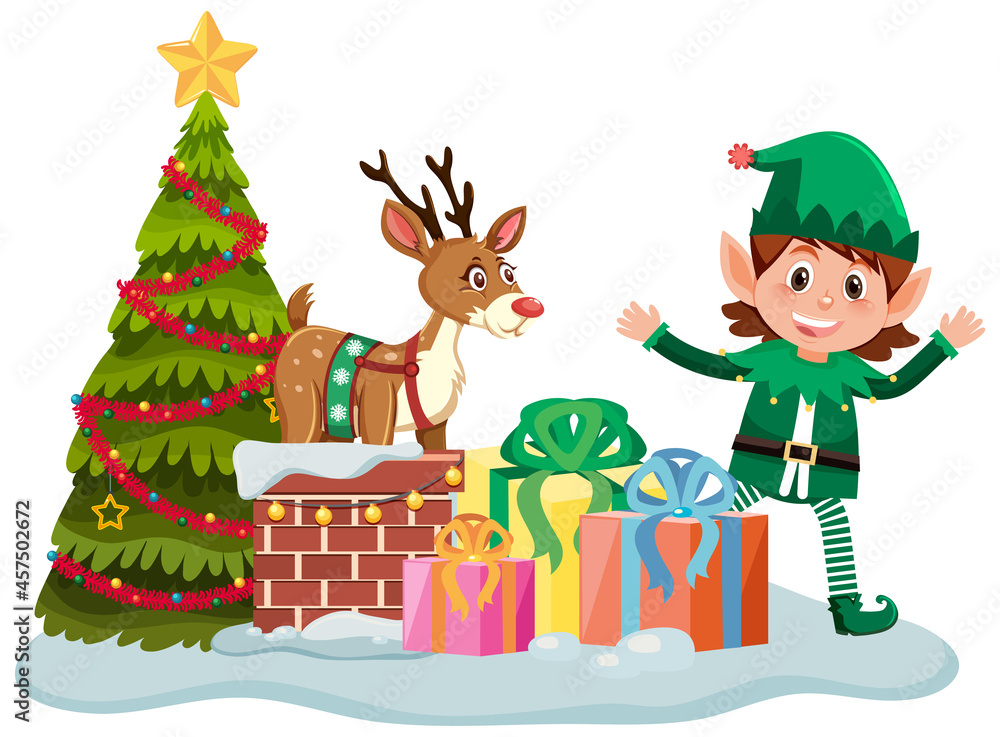 Christmas elf with many present boxes and Christmas tree Christmas elf with many present boxes and Christmas tree