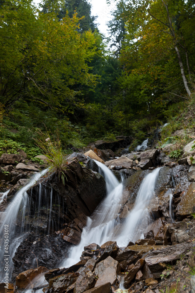 River waterfall in a forest landscape. River water waves. Whirlpools. Carpathians Ukraine. 