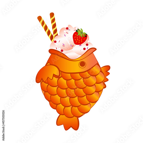 Asian traditional fish shaped sweet cake. Taiyaki ice cream cone custard vector illustration. Japanese takeaway street food dessert isolated on white background.
